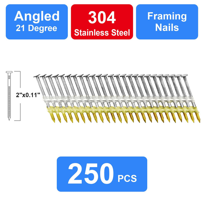 Framing Nails 304 Stainless Steel 21° Full Round Head Nail 21 Degree Ring 2" Shank Nail for Pneumatic, Electric 21 degree Framing Nailer (2" - 250 pcs) 2"--250 pcs