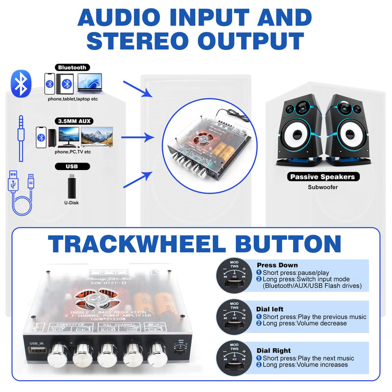 540W 2.1-Channel Mini Bluetooth Amplifier Board – 160W×2 + 220W Subwoofer, with TWS, FM/USB/AUX, IR Remote, DC15-36V, Deep Bass for DIY Speakers & Home Audio Black