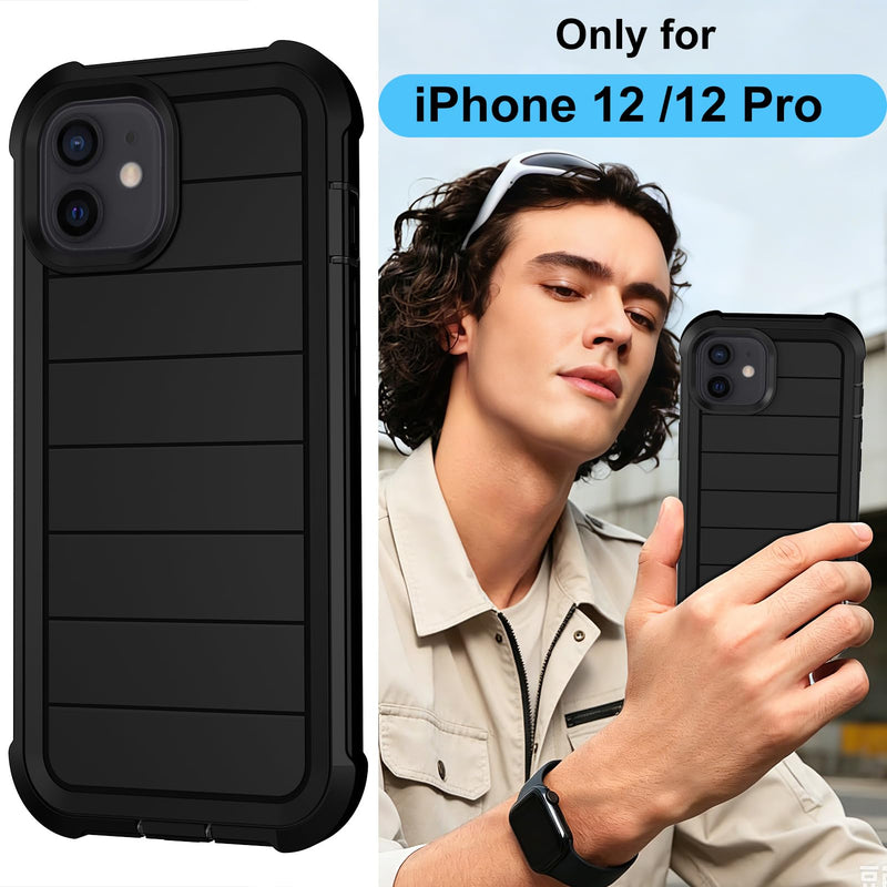 for iPhone 12 Case/iPhone 12 Pro Case with Belt Clip Holster Screen Protectors, Heavy Duty Military Grade Shockproof Protection Anti-Drop Kickstand Phone Cover for Apple 12/12 Pro (Black) Black