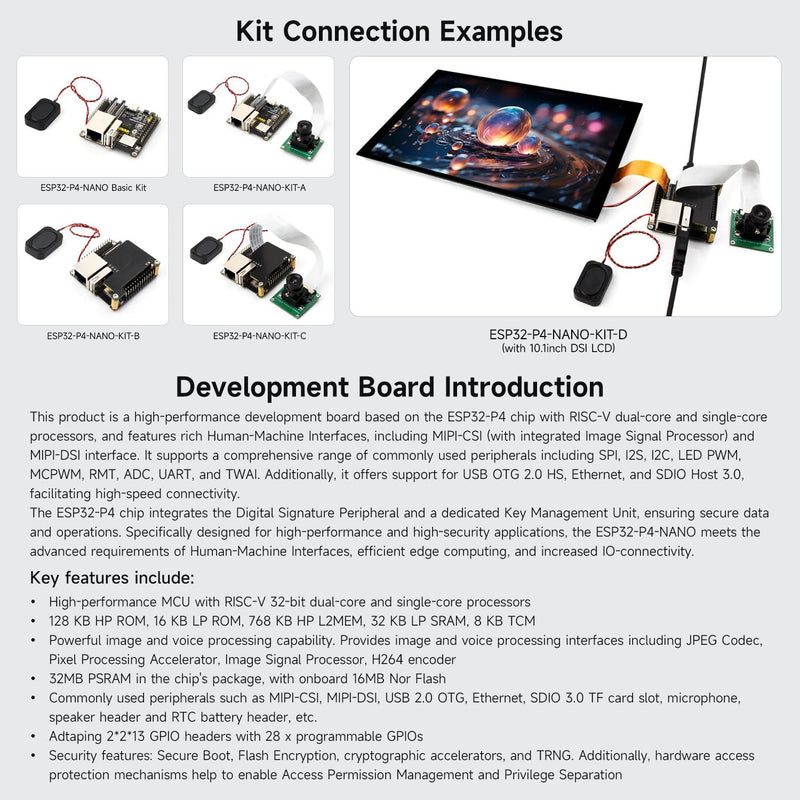 Waveshare ESP32-P4-NANO High-Performance Development Board, Based On ESP32-P4 Chip with RISC-V Dual-core and Single-core Processors, Bundle with RPi Camera (4 Items)