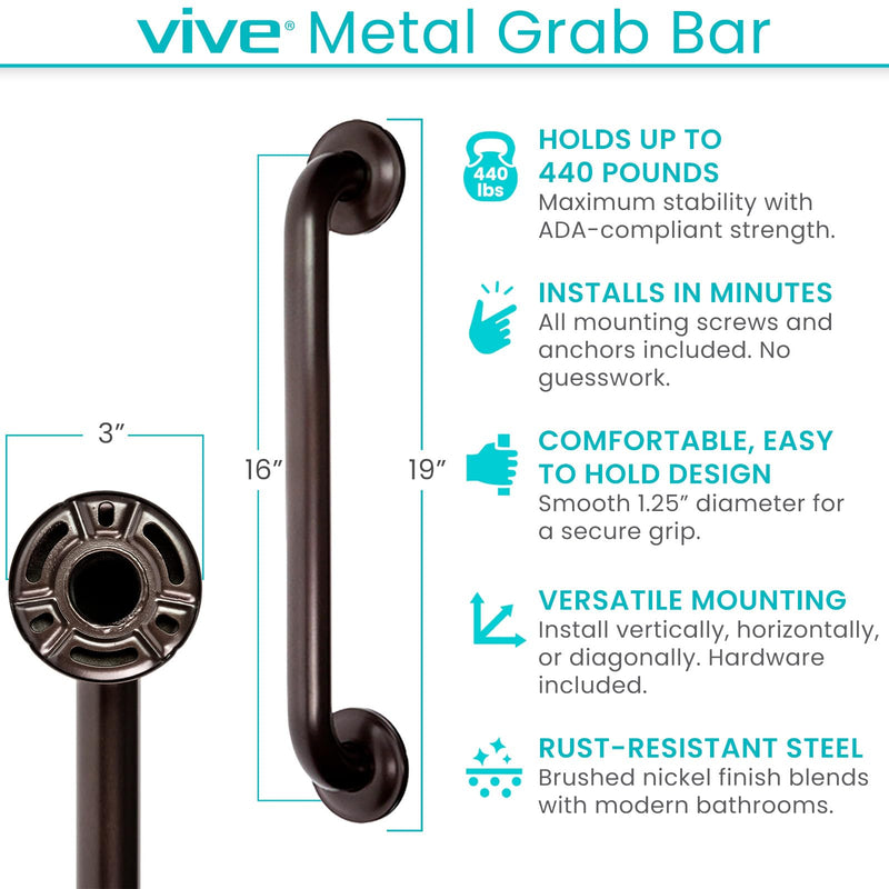 Vive Grab Bar for Showers - Bathroom Antislip Handrail for Seniors, Elderly Assistance Product, Heavy Duty Shower Handles, Handicap Grab Bars, Stainless Steel, Multipurpose, 440 lbs (Dark Bronze) Dark Bronze 16" (Inches)