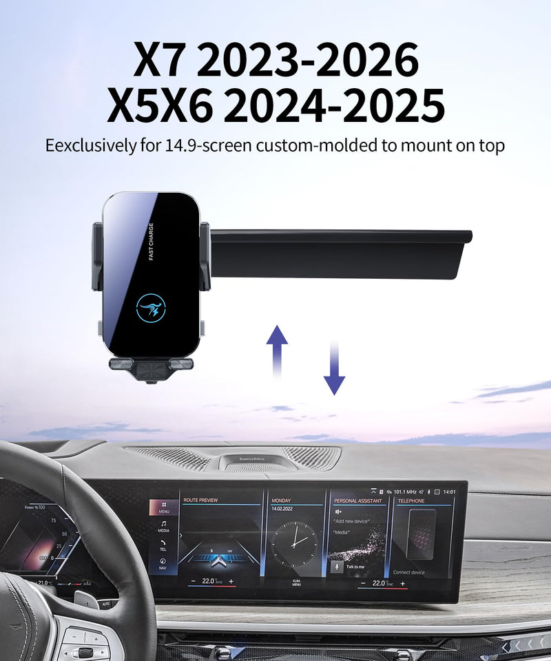 Wireless Charger Car Phone Holder for BMW X5/X6/X7 2024-2025, 14.9" Screen | X5M/X6M 2024-2025,X7/X7M 2023-2026,Auto Clamp Cell Phone Mount Accessories 15W Qi Fast Charging Stand fit iPhone Android