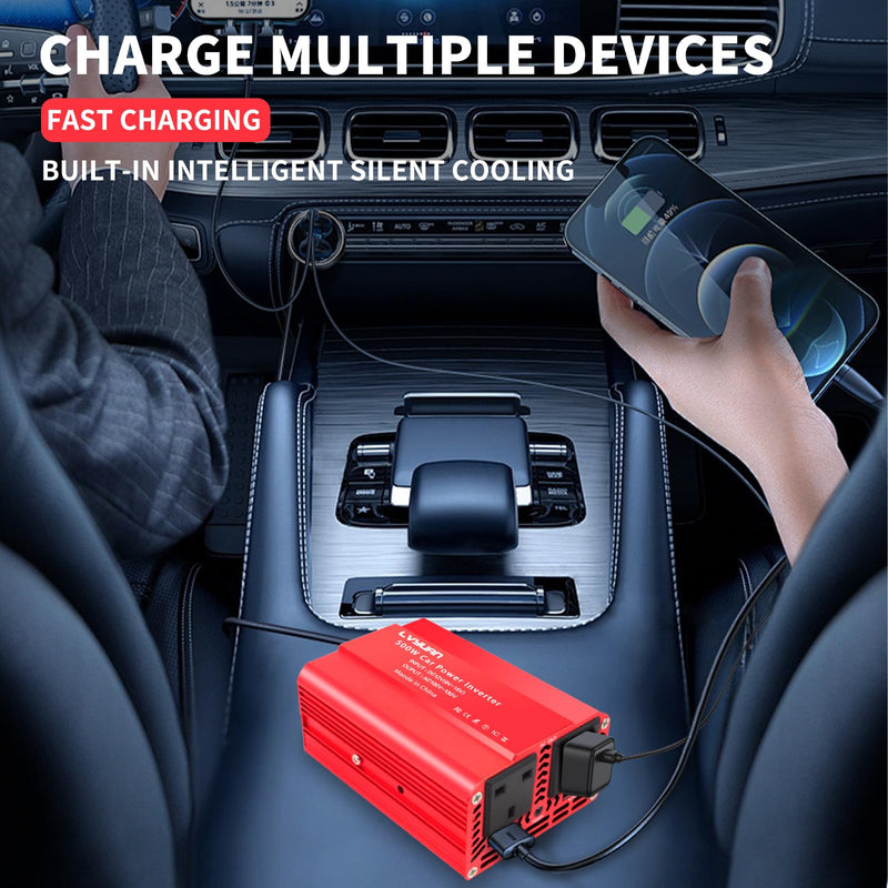 LVYUAN 500W Power Inverter for Vehicles DC 12V to 110V AC Car Plug Adapter Outlet Converter with 2 USB Fast Charging Ports and 2 AC Outlets Car Charger Adapter Red