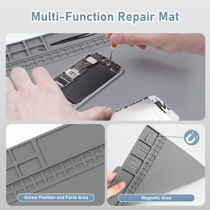 Heat Insulation Soldering Mat - Magnetic Silicone Work Mat, Silicone Soldering Mat for Soldering, Computer, Cell Phone, Watch Repair, BGA Soldering Gun Iron Workbench Protection (15.9''×11.9'') - Gray Grey-medium