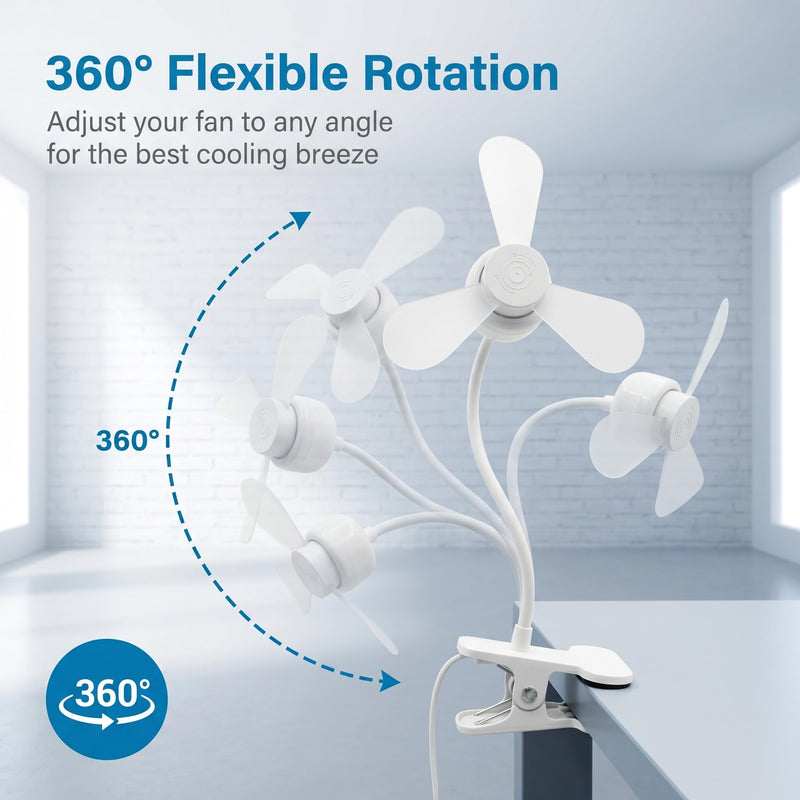 Clip-on USB Powered Fan and LED Lamp Combo, White, 360° Adjustable Flexible Gooseneck, 3000K, Quiet Operation, for Reading, Painting, and Sewing