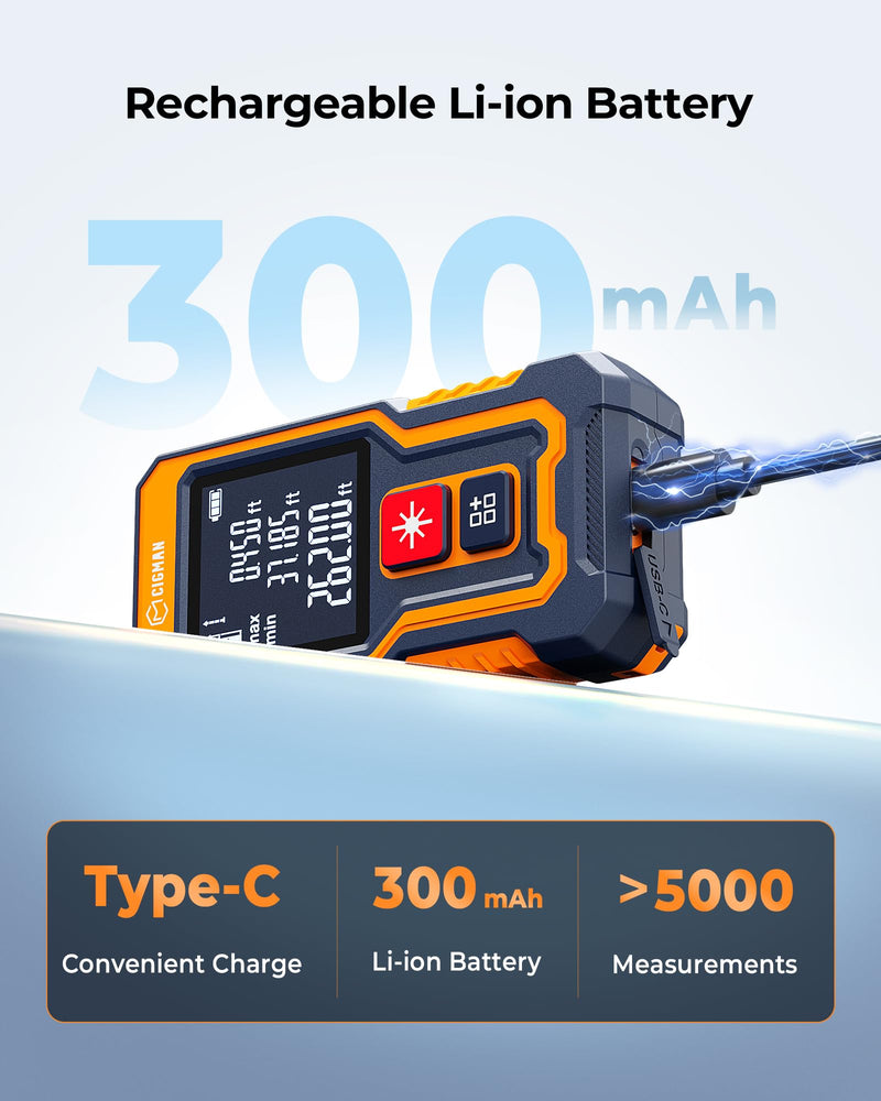 Laser Measuring Tool 262Ft, CIGMAN Pocket-Size Digital Laser Tape Measure, Mini Rechargeable Laser Measure with High Accuracy, 4 Units Ft/Ft+in/in/M, Backlit LCD, Length/Area/Volume/Pythagorean Mode