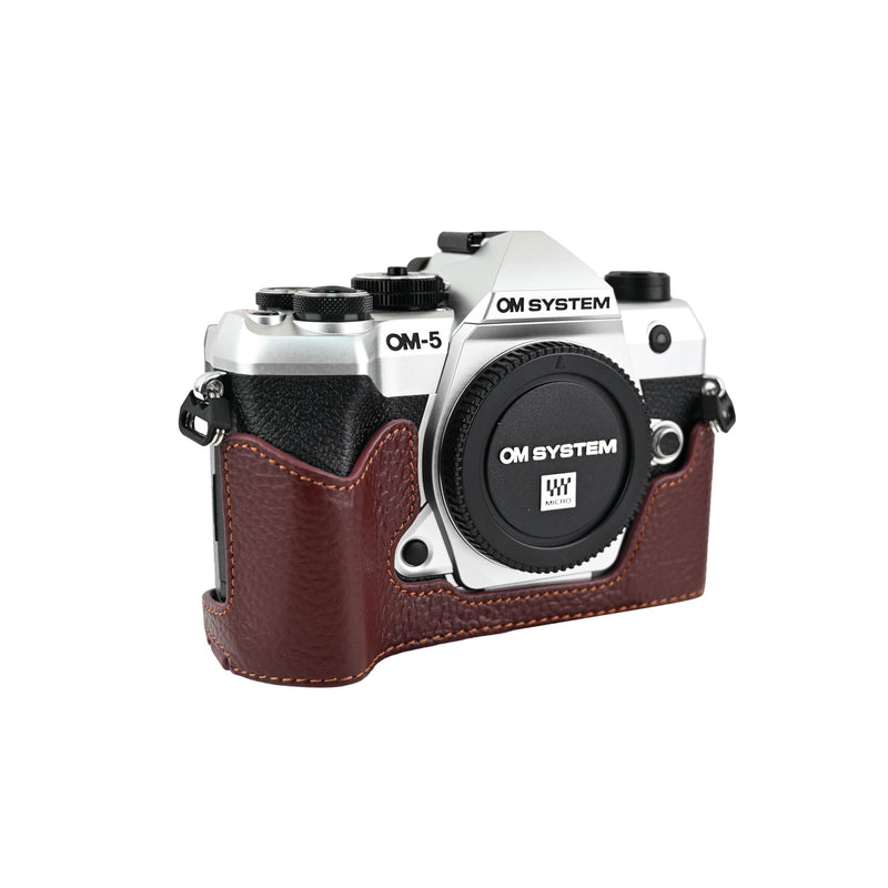 OM-5 Mark II Case, Litchi Handmade Genuine Real Leather Half Camera Case Bag Cover for Olympus System OM-5 Mark II Bottom Opening Version + Neck Strap (Brown) Brown