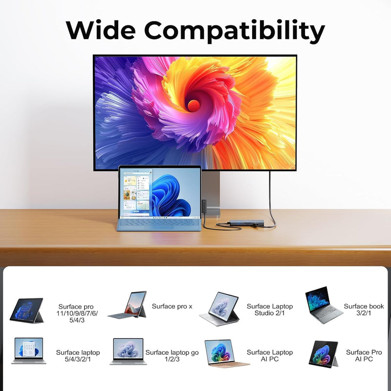2026 New MS Surface Dock, 11-in-1 Surface Docking Station 4K@60HZ HDMI, Surface Travel Hub for Surface Pro 11/10/9/8/X/7/6/5/4/3, Surface Laptop 6/5/4/3/2/1, Laptop Go 3/2/1, Surface Book mocha