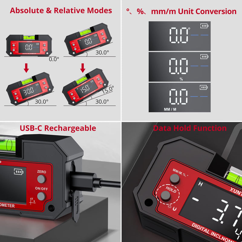 XUNTOP Digital Angle Finder Tool Dual Axis X-axis of 4×90° and Y-axis of ±60° Powerful Magnetic Base Level Box Type-C Rechargeable Digital Inclinometer with LED Display for Woodworking Table Saw