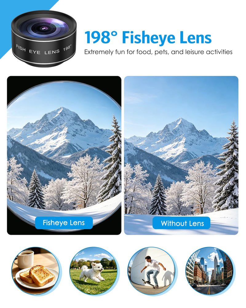 AMIR 7 in 1 Phone Camera Lens Kit with 2X Telephoto, 0.63X Wide Angle, 15X Macro, 198° Fisheye, CPL Filter, Star & Kaleidoscope Lens, HD Mobile Lens Set for iPhone, Samsung & Smartphones