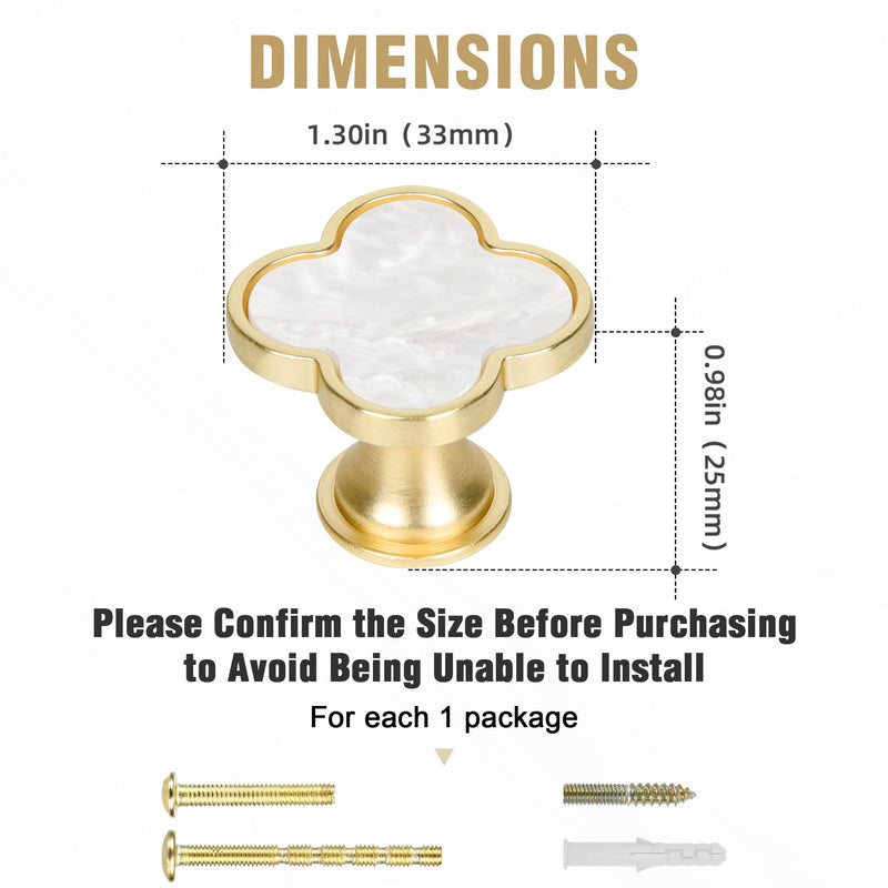 Clover Cabinet Knobs, 10 Pack 33mm Brushed Gold Drawer Knobs with White Pearl-Look Inlay, Decorative Gold Knobs for Kitchen Cabinets, Drawers & Dressers