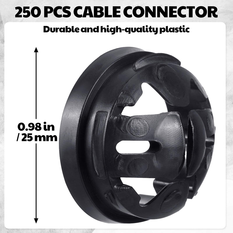 250 Pcs 3/8" Button Connector, Non Metallic Push in NM Cable Connectors for 1/2 Inch Knockouts, Black Plastic Electrical Junction Box Wire Bushing, Snap in Conduit Fitting 250