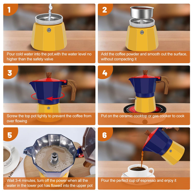 3 Cup Aluminum Espresso Stovetop Moka Pot Express Coffee Maker Percolator Italian Classic Mocha Coffee Machine for Italian and Cuban Cafe Brewing for Home & Camping 150ml 5oz Blue/Yellow 3 Cup