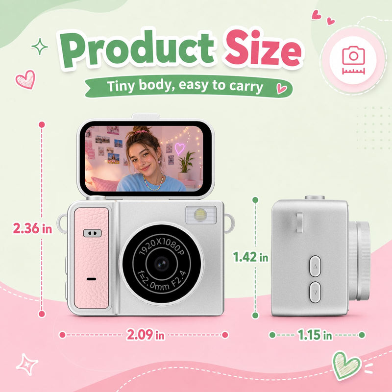 Mini Keychain Digital Camera, Pink Mini Camera with Flip Screen, 1MP 1080P Small Camera, 8GB Card, Video Recorder, Long Battery Life for Travel, Party and Vlog