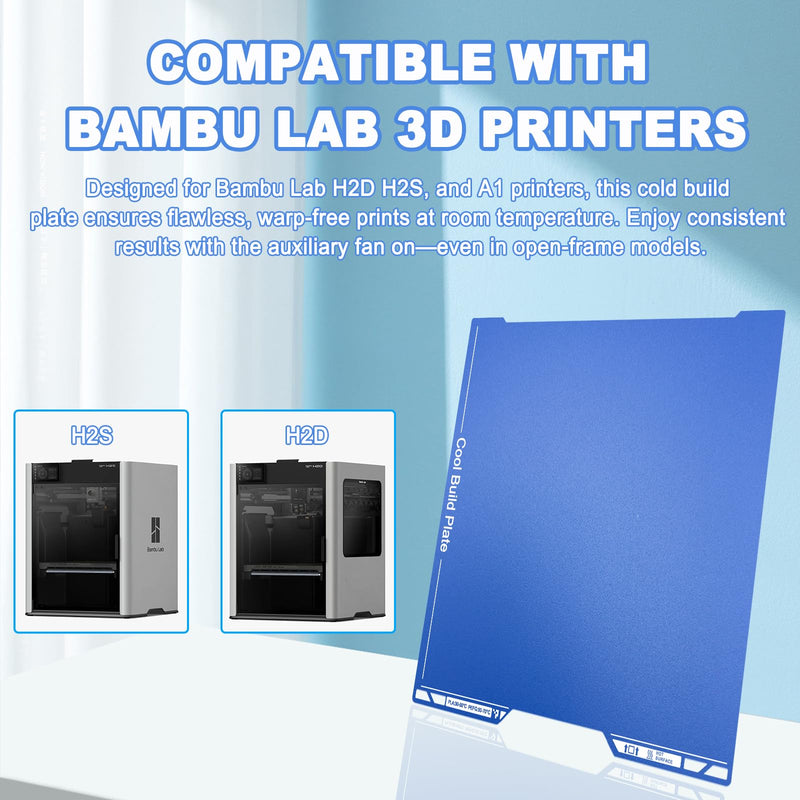355x346mm Cold Build Plate for Bambu Lab H2S H2D, Double-Sided Textured Spring Steel Sheet, Easy Print Removal Low Temp Heated Bed with QR Code 355*346mm