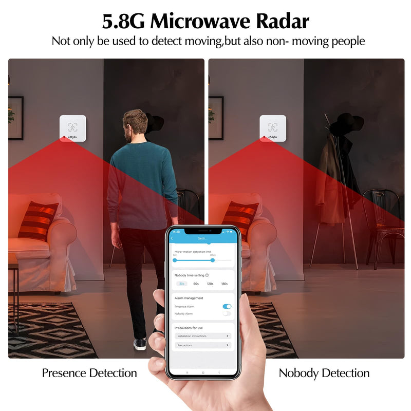 eMylo WiFi Human Presence Sensor 2 Pack, WiFi Millimeter Wave Radar Detection - No Hub Needed, 24/7 Smart Motion Detection for Home & Business, Compatible with TUYA/Smart Life(2.4 GHz Wi-Fi Required) Motion Sensor 2 Pack