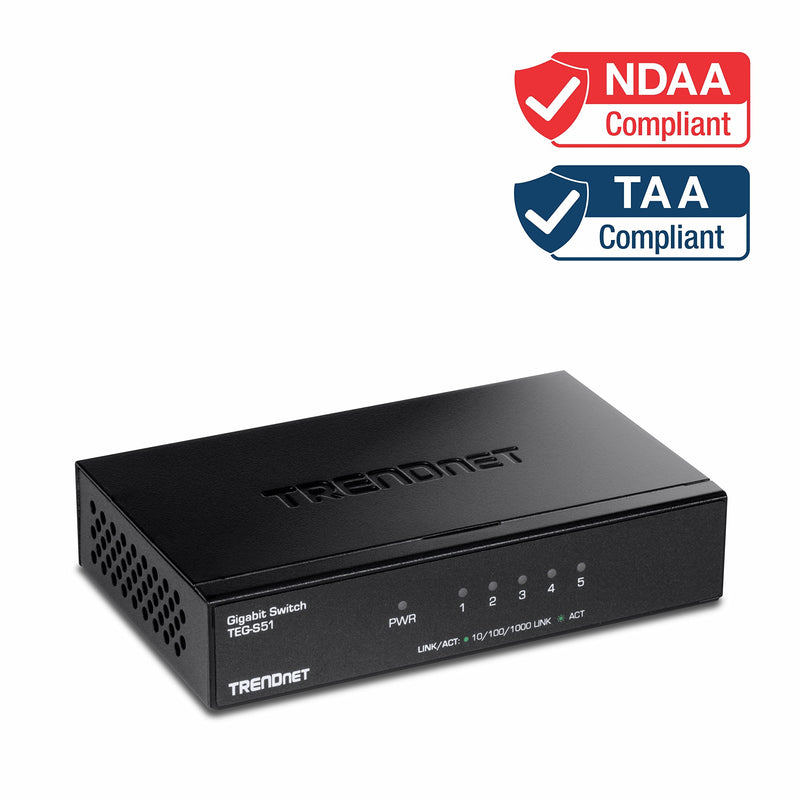 TRENDnet Gigabit Desktop Switch, TEG-S51, 5 x Gigabit RJ-45 Ports, Ethernet Splitter, 10Gbps Switching Capacity, Fanless Design, Metal Enclosure, Lifetime Protection 5-Port Gigabit