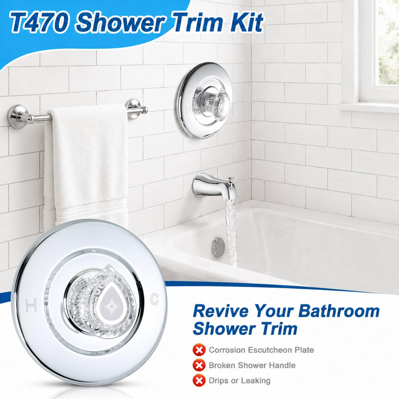 Shower Trim Kit Compatible with Moen T470 Chateau Shower Trim Kit, 1225 Cartridge trim kit Compatible with Moen Single Handle Tub/Shower Standard Valve, Escutcheon, Tubes and Handle (Chrome) Polished Chrome