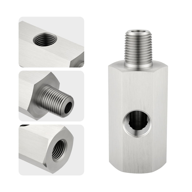 EVIL ENERGY 1/8 BSPT Oil Pressure Sensor Tee Adapter, Stainless Steel 1/8 BSPT Female to Male Threaded Oil Pressure Adapter with 1/8 NPT Female Port, Sliver 1/8 BSPT-1/8 BSPT-1/8 NPT