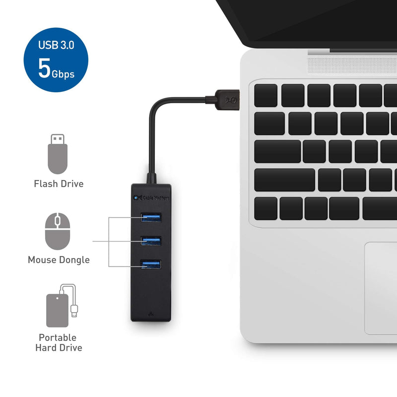 Cable Matters 4-in-1 USB Hub with Ethernet, Support Gigabit Network (USB 3.0 Hub Ethernet) with 10/100/1000Mbps Network, 3X 5Gbps USBA Ports in Black