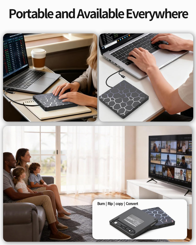 8 in 1 External CD DVD Drive, USB 3.0 and Type-C Disc Reader Burner Player | Optical Drive for PC Laptop Desktop MacBook Mac Windows Linux OS Apple