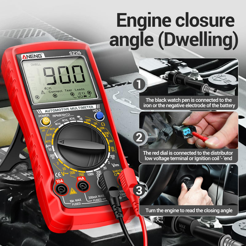 ANENG SZ26 Multimeter,Digital Automotive Engine Analyzer with 500-10000RPM Tach,Dwell Angle,Duty Cycle,DC Current,AC/DC Voltage,Amp,Ohm,Large LCD,Data Hold,Versatile Tester for Car Diagnostics SZ26 Automotive Multimeter
