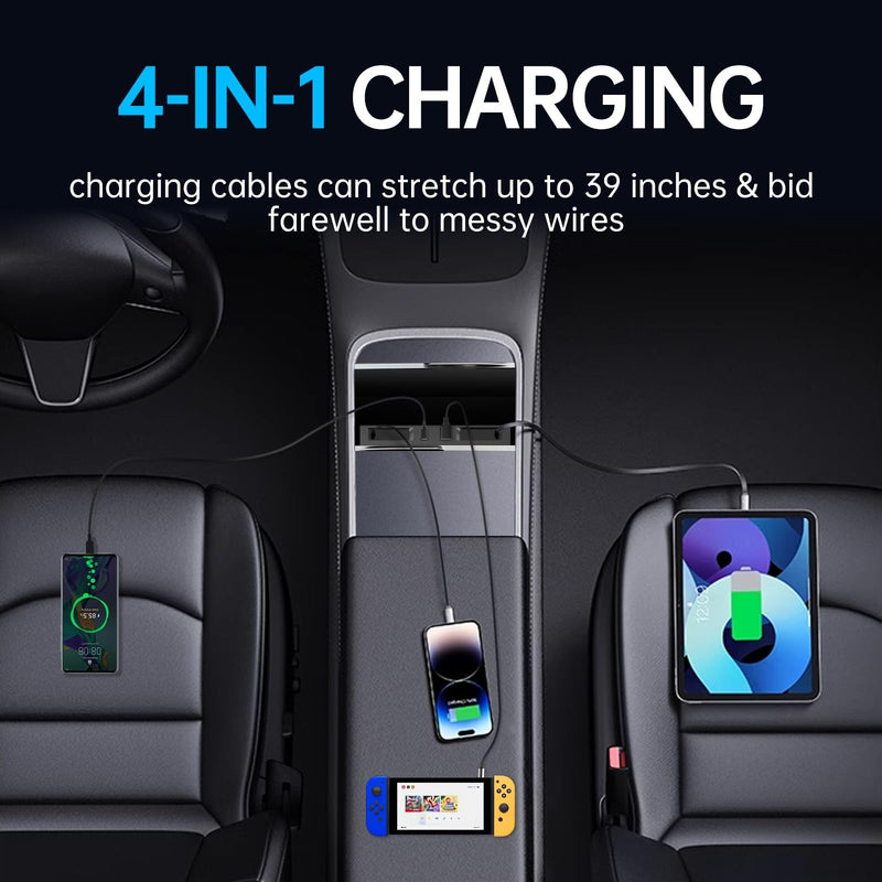 USB Hub for Tesla Model Y Juniper 2025 2026 Model 3 Highland 2024 2025 with Sunken Design, 99W 4 in 1 Multi Ports Fast Charger with Retractable Cable Docking Station fit Center Console Adapter