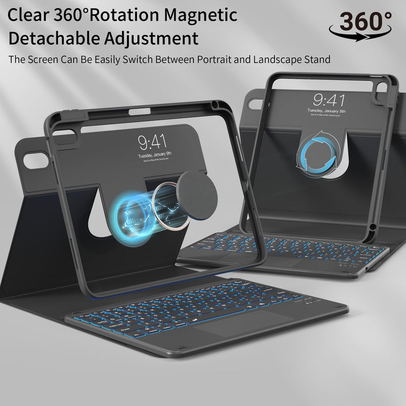 Clear Case Keyboard for iPad (A16) 11th/10th Gen, Black | Detachable 360°Rotatable Clear Back, Multi-Trackpad & 7-Color Backlit Bluetooth Keyboard, Portrait Mode Usage, Durable Cover