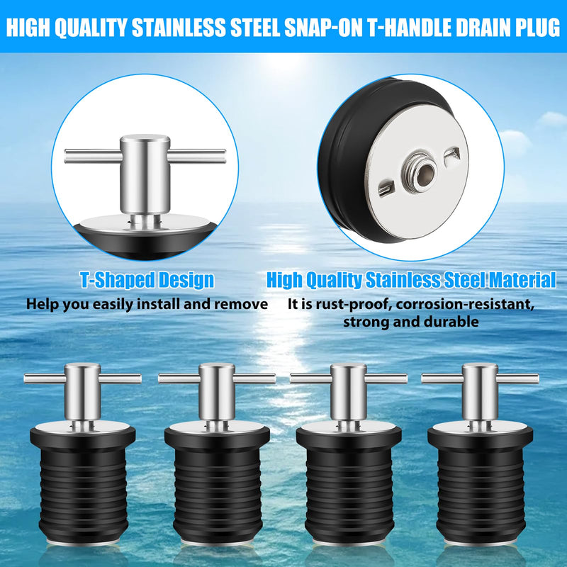 Linkstyle 4 Pcs Brass T-Handle Drain Plug, Marine Boat Drain Plugs for 1in Drains Locks, Twist-Turn and Seal Design Rubber Plugs for Yachts Kayaks 4pcs Stainless Steel