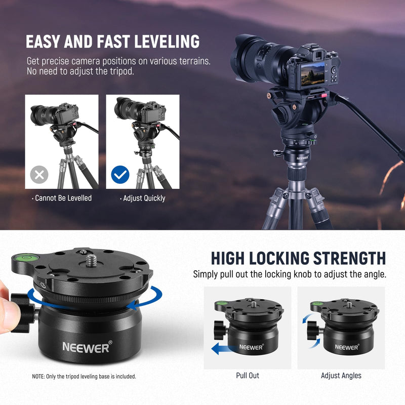 NEEWER Tripod Leveling Base (⌀60mm) Camera Leveler, Aluminum Adjusting Tripod Head Plate with -15°/+15° Tilt, Bubble Level, 1/4" 3/8" Screw Compatible with Canon Nikon Sony DSLR & Camcorder, GM15