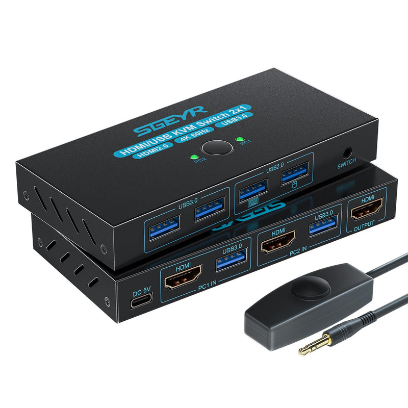 SGEYR USB 3.0 HDMI KVM Switch 1 Monitors 2 Computers,KVM Switch 2 Port HDMI 4K@60HzKVM Switches for 2 Computers Sharing Monitor Keyboard Mouse Hard Drives Printer, 2USB Cable and Controller