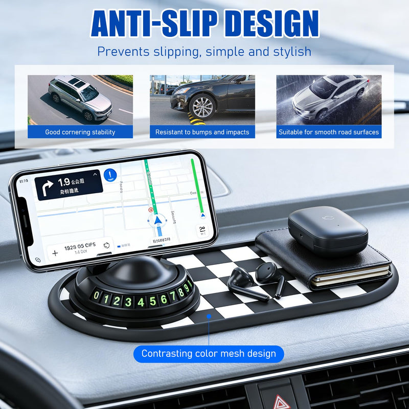 Mobile Phone Bracket Anti-Slip Mat,Multifunction Car Dashboard Mat with Temporary Parking Number,Universal Fit Anti-Slip Mat,360° Rotating Adjustable Phone Holder (Black & Gray) Black & Gray