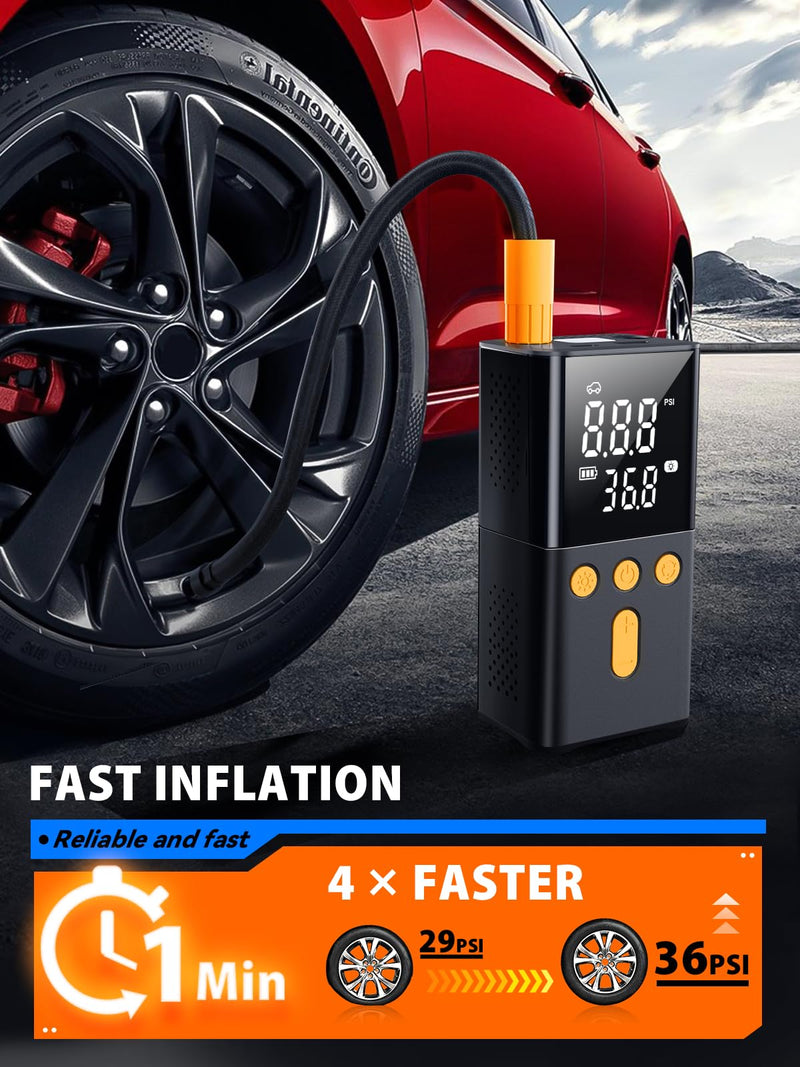 Portable Air Pump for Car Tires 150 PSI, 4X Faster Car Tire Pump with Digital Dual Values Display, Auto Off and Pressure Gauge Car Tire Inflator