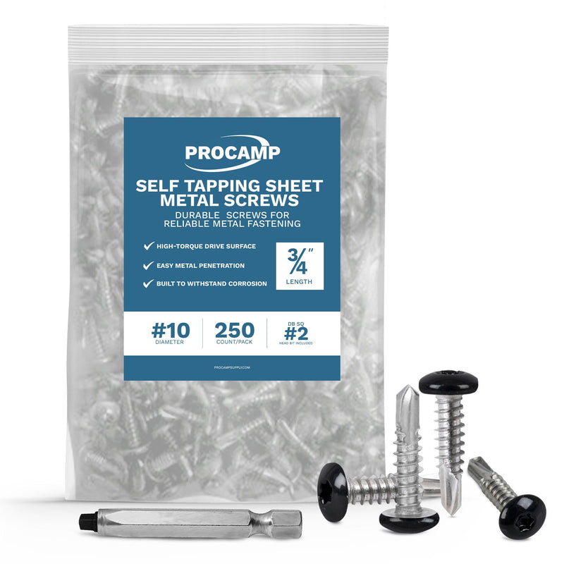250-Pack #10 x 3/4 Black RV & Trailer Self Tapping Sheet Metal Screws | Enclosed Cargo Trailer Skin Fasteners | Dbl Square Bit Included