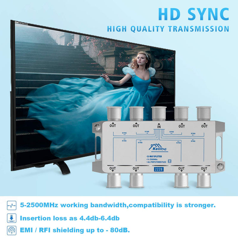8 Way Coaxial Cable Splitter 5-2500MHz,Work with Satellite TV CATV Antenna System and MoCA Configurations (Sliver-8 Way) 8 way