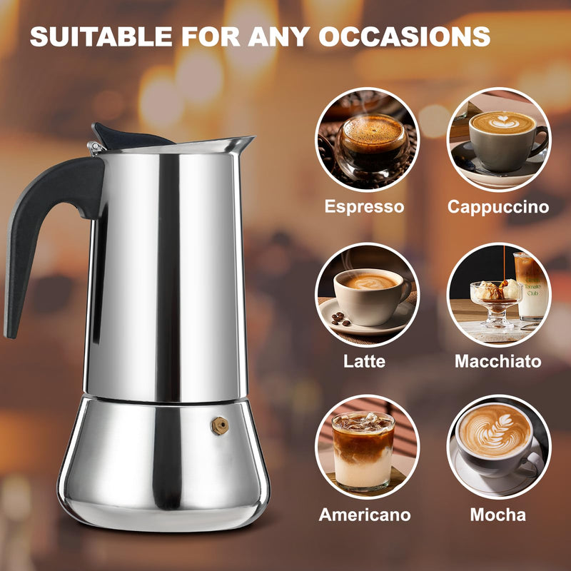 6 Cup Stovetop Espresso Maker Stainless Steel Moka Pot Stove Top Percolator Italian Coffee Makers Capable Mocha Greca Machine Cafe Classic Induction Cookers for Home and Camping 300ml 10oz 6 Cup