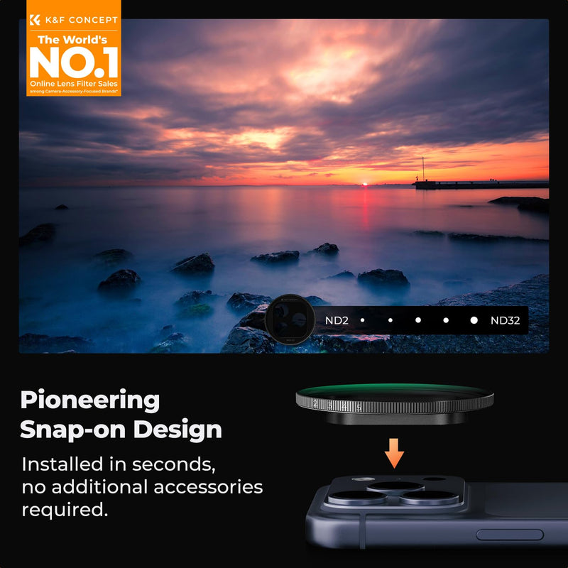 K&F CONCEPT Snap-On ND2-32 Filter Compatible with iPhone 17 Pro & Pro Max | 11.2g Ultra-Lightweight Variable ND Lens Filter with Snap-on Deco Mount, AGC Glass 28-Layer Coating, FA301 Black