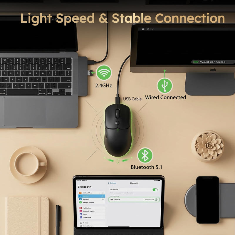 RK ROYAL KLUDGE MO1 Wireless Mouse, 55g Ultra-Lightweight Computer Mice, 6 Programmable Buttons, Quiet Click, 2.4GHz/Bluetooth/Wired, 6000 DPI Optical Sensor, Black