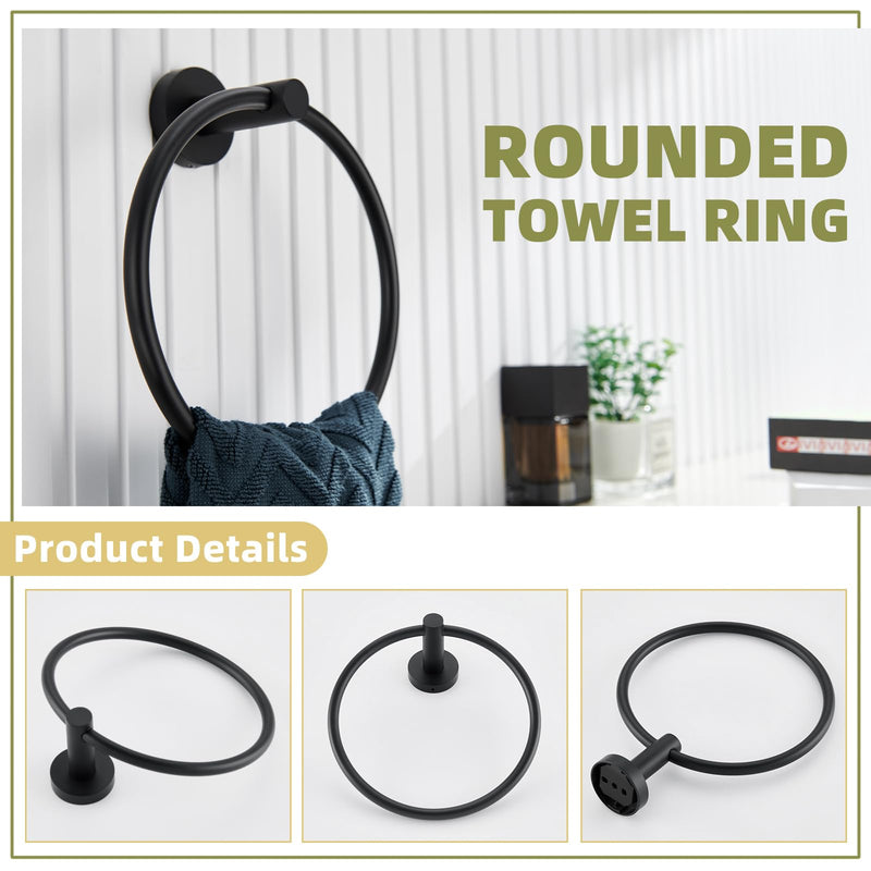 APLusee Matte Black 2 Pieces Bath Accessories Set, Hand Towel Ring and Toilet Paper Holder, Stainless Steel Bathroom Hardware, Wall Mounted Matte Black Round Shape