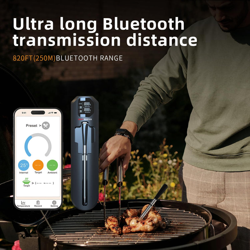 Wireless Bluetooth Meat Thermometer for Grill, Smoker, BBQ, Oven – 820ft Range, Digital Instant Read Cooking Probe for Steak, Turkey – Smart App Control, High Accuracy, Single Probe