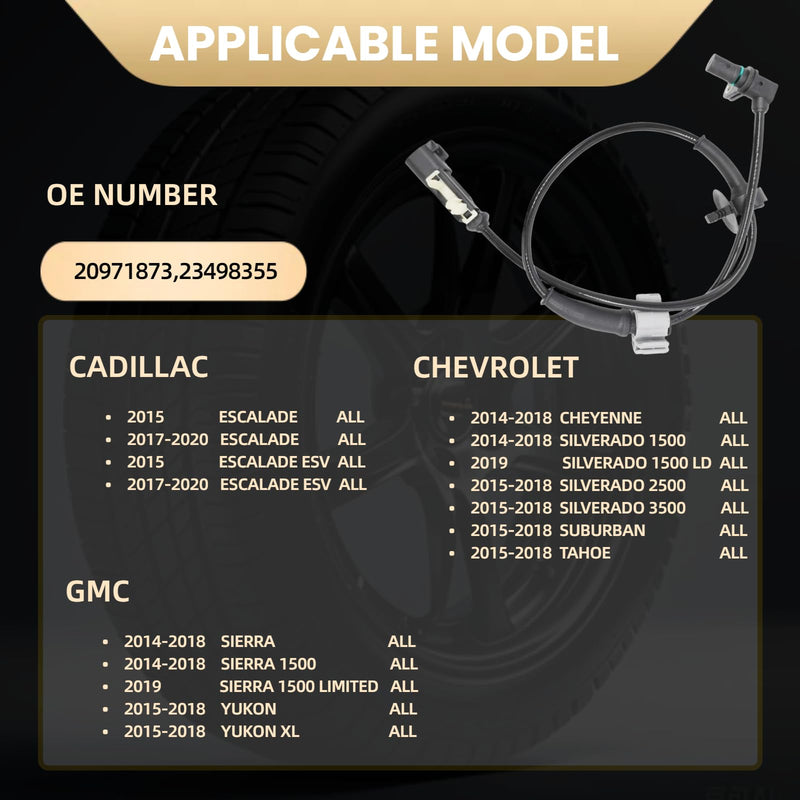 Wheel Speed Sensor ABS Compatible with 2014-2020 Escalade ESV Cheyenne Silverado 1500 LD Silverado 2500 3500 Suburban Tahoe Sierra 1500 Limited Yukon XL 20971873 23498355 Front Rear 2-pc