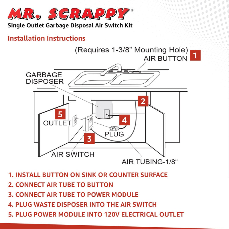 Mr. Scrappy 20-MSAS-65 Single Outlet Garbage Disposal Air Switch, Kitchen Sink Top On and Off Kit for Waste Disposers, Includes Button, Tubing, 120V Power Module, and Hardware, Chrome