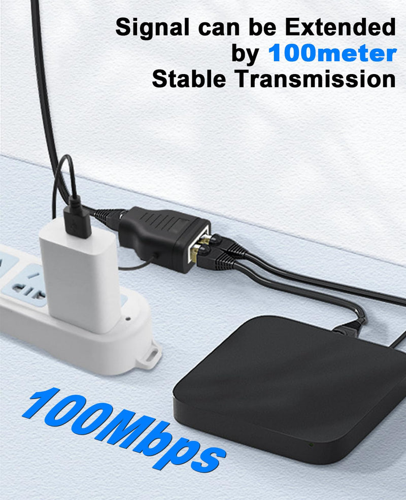 Duttek Ethernet Splitter Adapter 100 Mbps, LAN RJ45 Coupler 1 to 2 Internet Extender Adapter with USB Power Cable for Cat5/6/7 Cable Share Two Devices of The Internet at The Same Time