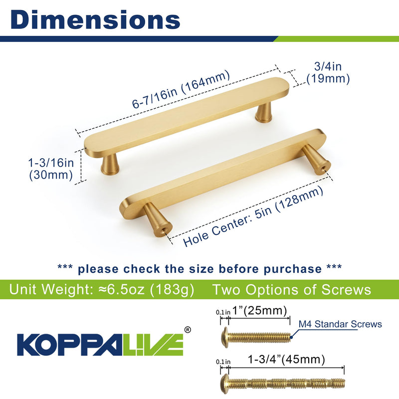 2-Pack Solid Brass Cabinet Pulls, Gold Handles for Cabinets, Gold Dresser Drawer Pulls, Modern Kitchen Hardware, 5 Inch Hole Center, Brushed Finish 2 5 Inch(128mm) Hole Centers