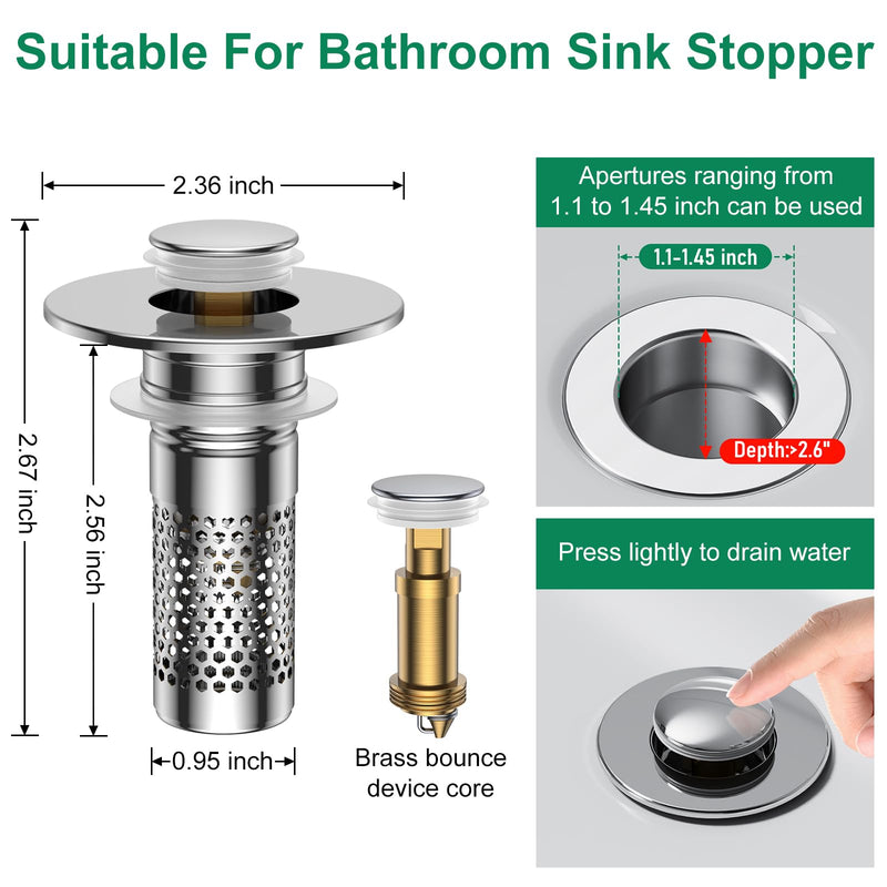 Bathroom Sink Drain Strainer,Universal Pop-Up Sink Stopper Hair Catcher, Anti-Clog Stainless Steel Drain Filter Basket, Removable Sink Drain for Bathroom Sink Stopper Silver-3pack