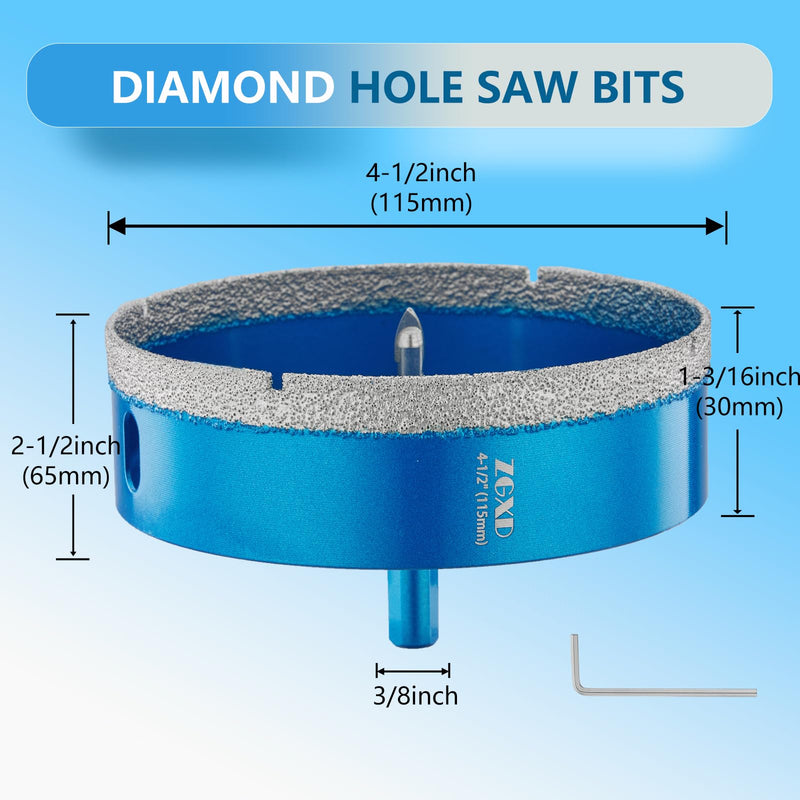 4-1/2" Diamond Hole Saw Bits with Pilot Drill Bit-1pcs 115mm Diamond Tipped Tile Hole Saw with Guiding Bit for Porcelain Tile Ceramic Pottery Granite Stone Glass Bottles(3/8" Triangle Shank) 4-1/2"(115mm)