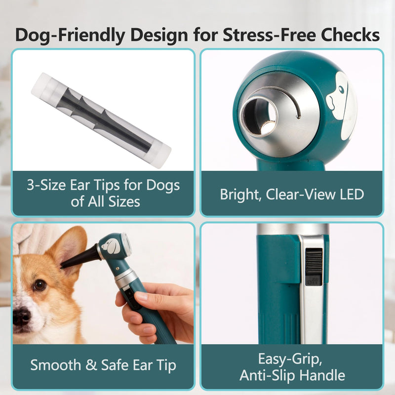 Pocket Veterinary LED Otoscope - Pet Ear Scope with Light for Dogs & Cats, 6 Disposable Tips (4/6/9mm), Portable Ear Infection Detector (Green) Dog-Green