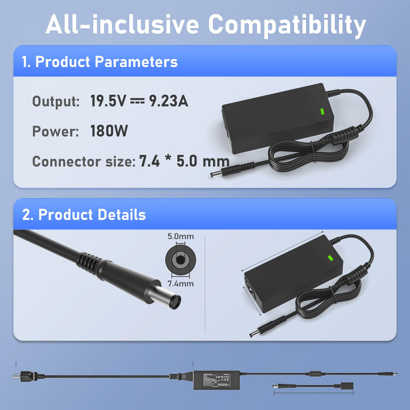 180W Power Cord for Dell Dock WD19 WD19S WD19TB WD19TBS WD19DCS WD22TB4 | for WD15 SD25 WD25 D6000 D6000S TB15 TB16 Business Thunderbolt/Universal Docking Station TB18DC K16A K16A001 K17A001 SD25TB4