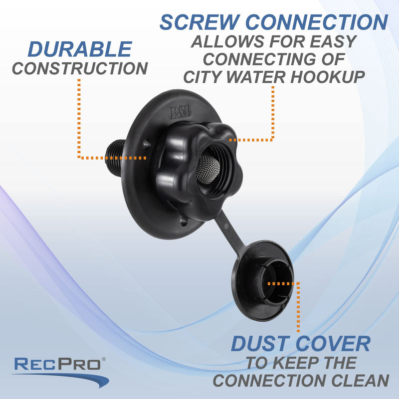 RecPro RV City Water Fill Inlet | Plastic Flange with Check Valve | Camper | Trailer | Marine (Black) | Made in USA Black