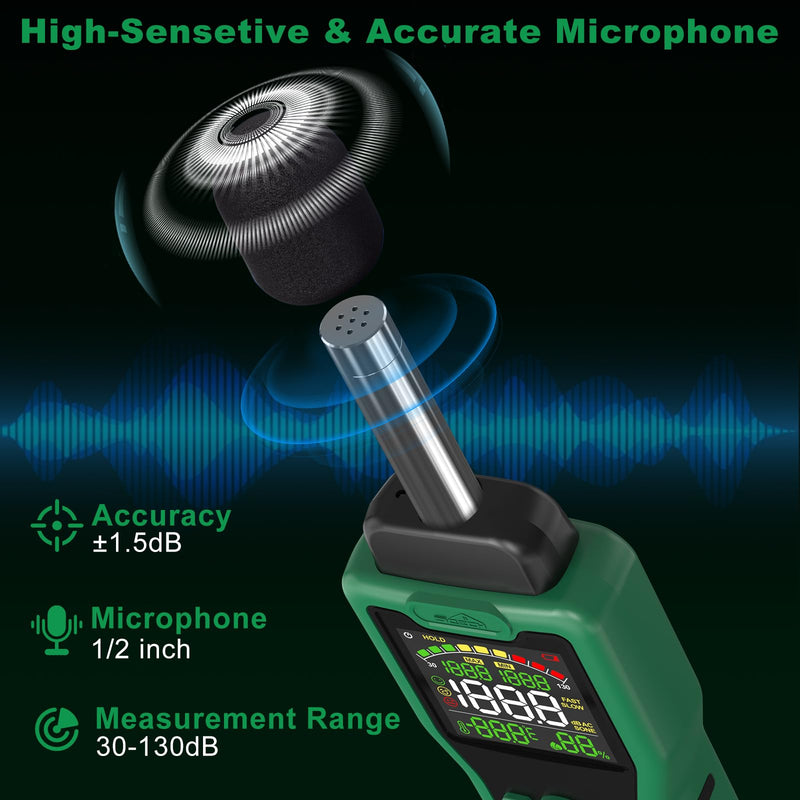 Decibel Meter, SQECH 30-130dB Sound Level Meter with Temperature & Humidity, SPL Meter with Color Backlit Display, A/C Weighted, dB/SONE Unit, FAST/SLOW Response, MAX/MIN, Data Hold, for Home/Factory